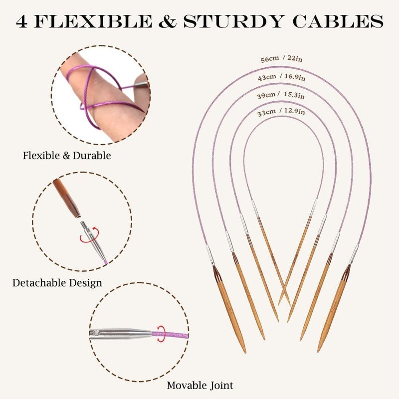 Yarniss Bamboo Circular Knitting Needle with Case,13 Pair Interchangeable Knitting Needles with Flexible Cables 3.5mm~10.0mm, 4-Inch Round Knitting Needle US Size 2.5~15 - Image 4